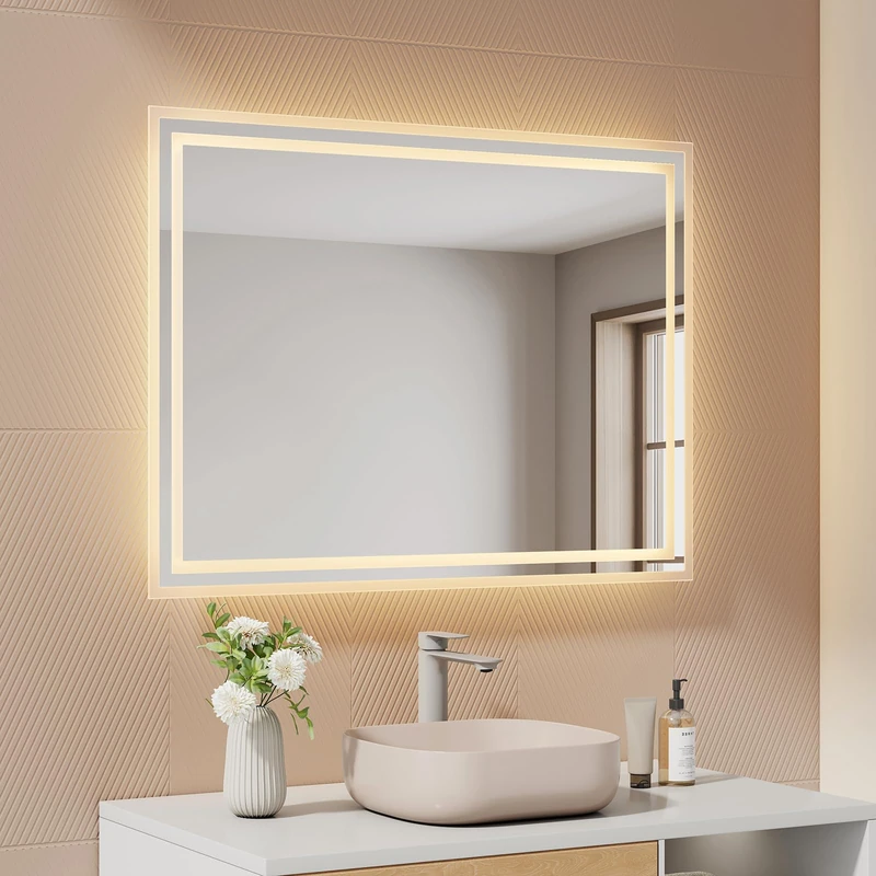 EMKE Bathroom Mirror with Lighting, 80 x 60 cm, LED Bathroom Mirror, Warm White Light 3000 K Wall Mirror with Lighting, Horizontal/Vertical, IP44 Energy Saving - Image 1
