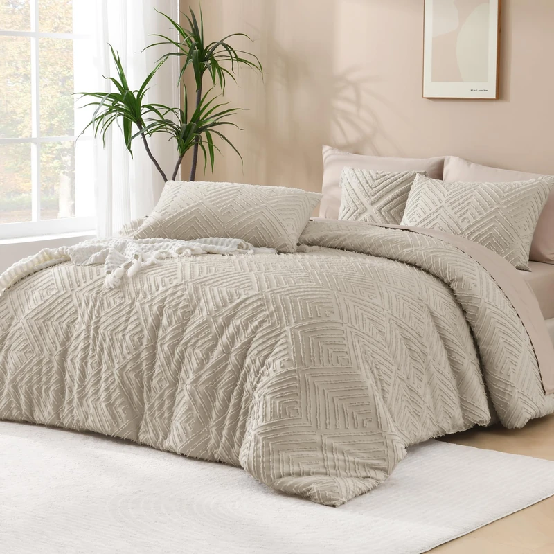 Andency Oversized King Comforter 128''x120'', 3 Pieces Oatmeal Boho Bedding Set & Collections, All Season Soft Farmhouse Tufted Fluffy Bed Set (1 Comforter, 2 Pillowcases)