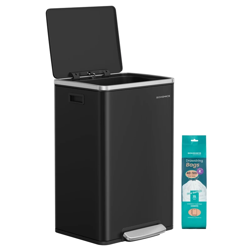 SONGMICS Kitchen Bin 50 L, with 15 Bin Bags, Stainless Steel, Removable Plastic Inner Bucket, with Lid, Handles, Soft Close, Ink Black LTB595B01