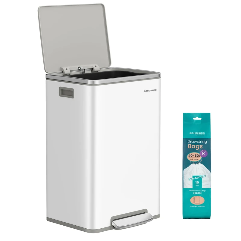 SONGMICS Kitchen Bin 50 L, with 15 Bin Bags, Stainless Steel, Removable Plastic Inner Bucket, with Lid, Handles, Soft Close, Cloud White LTB595W01