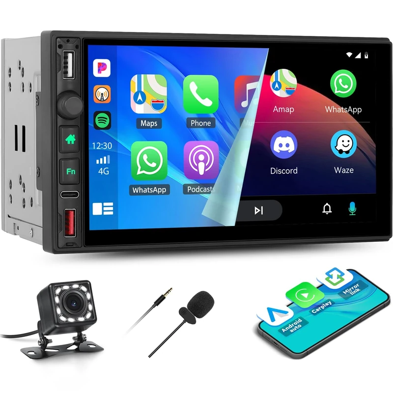 CAMECHO Double Din Wireless Apple CarPlay Car Stereo with Wireless Android Auto Bluetooth 7 Inch HD 1024 * 600 Touch Screen FM/AM/RDS Radio Mirror Link 3 USB Type-C DSP RCA SWC + Backup Camera Mic