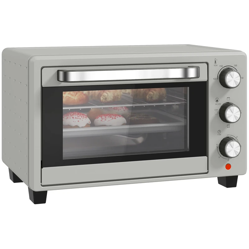 HOMCOM Mini Oven, 21L Countertop Electric Grill, Toaster Oven with Adjustable Temperature, Timer, Baking Tray and Wire Rack, 1400W, Silver Tone