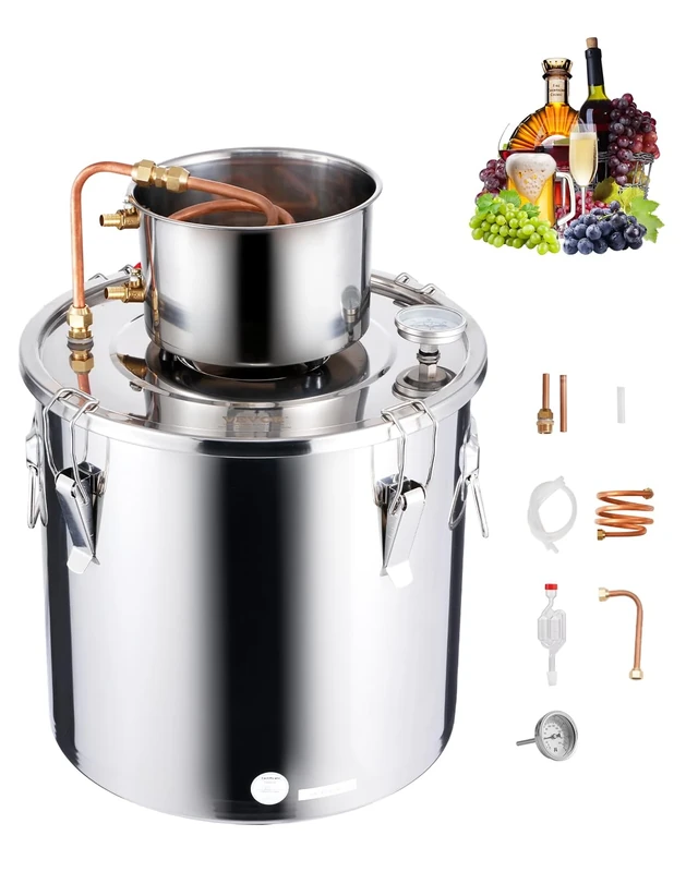 VEVOR Alcohol Still, 8 Gal / 30 L Stainless Steel Water Alcohol Distiller with Copper Coil, Home Brewing Refining Fermentation Kit with Thermometer, for Wine Whisky Brandy, Silver