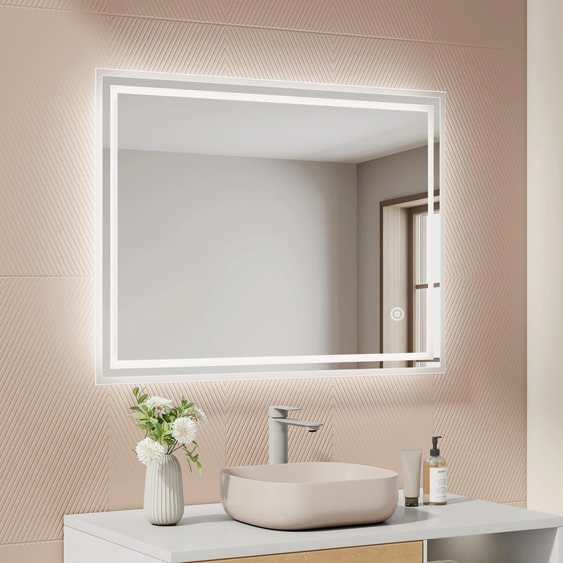 EMKE Bathroom Mirror with Lighting 80 x 60 cm, LED Mirror, 3 Dimmable Light Colours (Warm/Cold/Neutral Light), Anti-Fog Function, Touch Switch, Wall Mirror - Image 1
