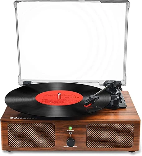 Udreamer Turntable, Turntable with Built-in Speakers & Strap-Driven Bluetooth, Vintage 3-Speed Phonograph for Enjoy Music & Home Decor Brown