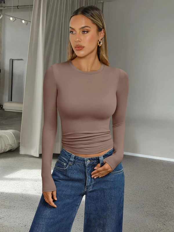 Womens Long Sleeve Shirts Basic Tee Shirt Going Out Y2k Crop Tops Trendy Slim Fit Outfits Cute Fall Fashion Clothes 2025, Coffee Grey, XL