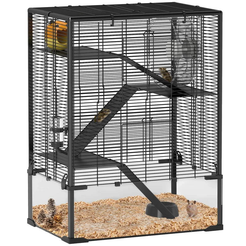 PawHut 4-Tier Hamster Cage w/Deep Tempered Glass Bottom, 60 x 40 x 80cm