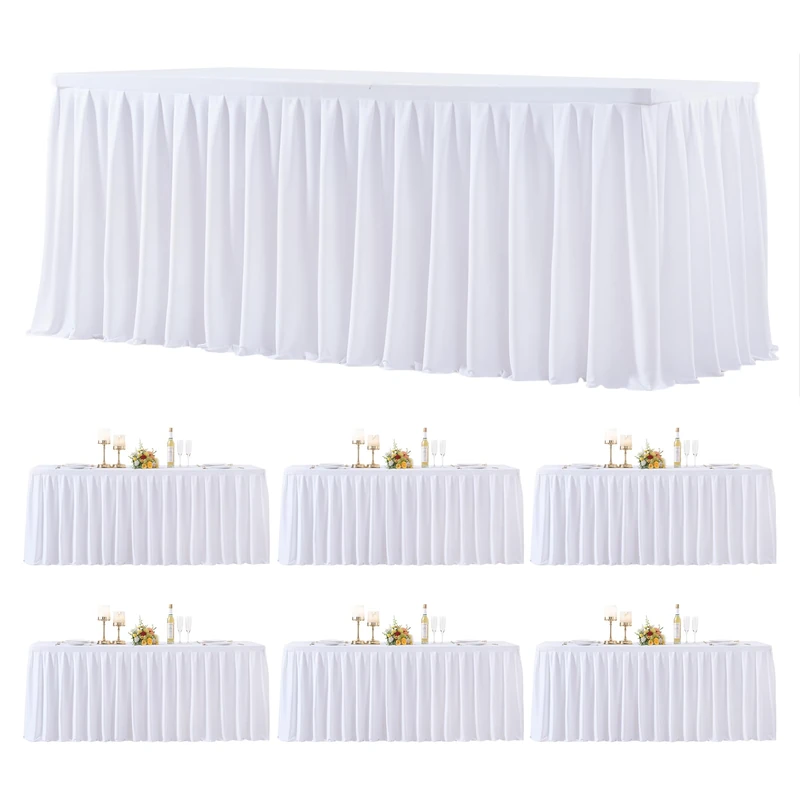 6 Pack White Rectangle Tablecloth 6 FT Stretch Spandex Fitted Table Cloth for 6 Foot Rectangle Tables Banquet Tablecloths Wrinkle Free Table Cover Stitch Ruffle Table Skirt for Party Wedding Birthday