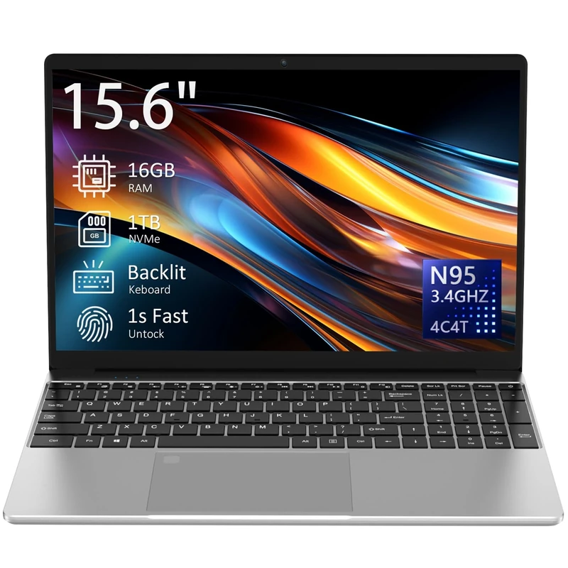 Auusda 15.6" Laptop,N-Series Quad-Core up to 3.4GHz, N95, silver, 16GB DDR4 RAM,1TB SSD, FHD Display, Fingerprint, Backlit Keyboard, 8000mAh Battery, Lightweight Notebook for Work & Study