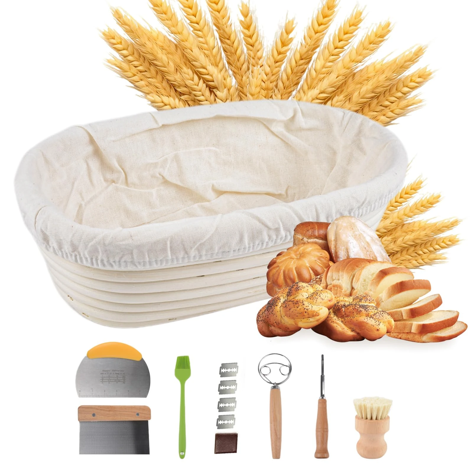 Sourdough Bread Baking Supplies Set Oval Proofing Basket 10in Rattan with Liner Dough Scraper Brush Double Loop Whisk Bamboo Brush Sourdough Starter Kit Bread Pan Banneton Basket