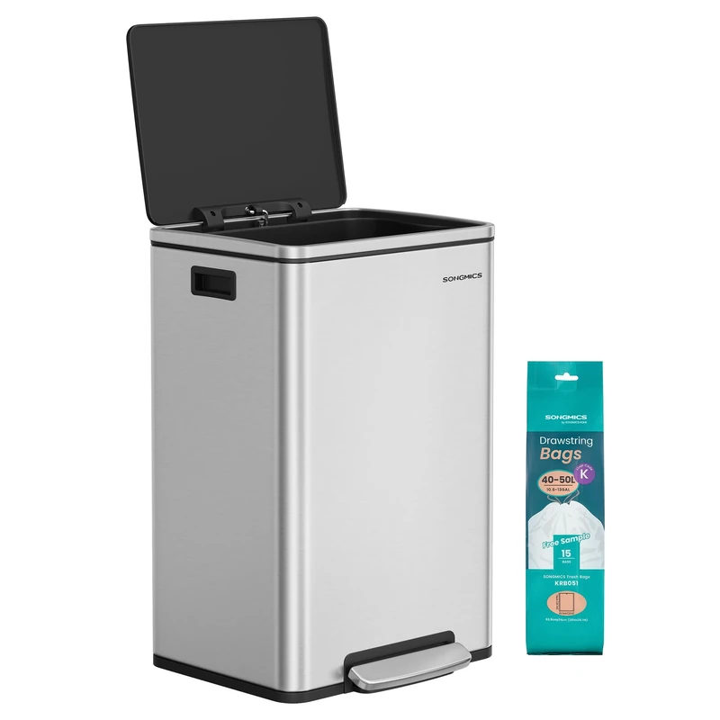 SONGMICS Kitchen Bin 50 L, with 15 Bin Bags, Stainless Steel, Removable Plastic Inner Bucket, with Lid, Handles, Soft Close, Silver LTB595E01