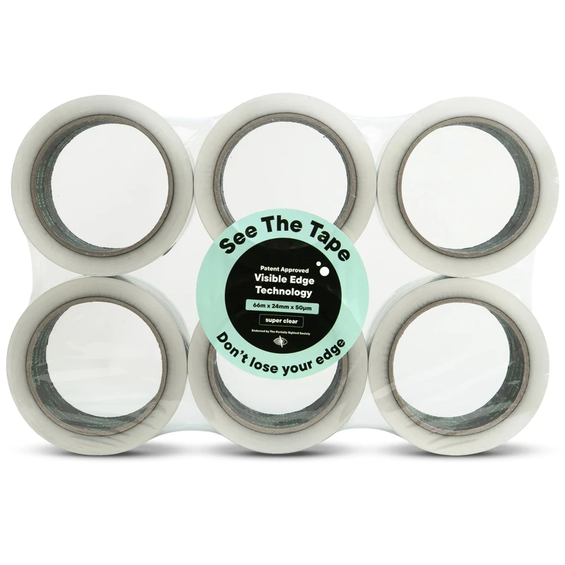 SeeTheTape Cellotape (6 Rolls), 66m x 24mm - Super Clear Tape, Durable, Extra Long, 50 Micron Thickness - Patent Approved Visible Edge Technology, Clear and Visible Edge
