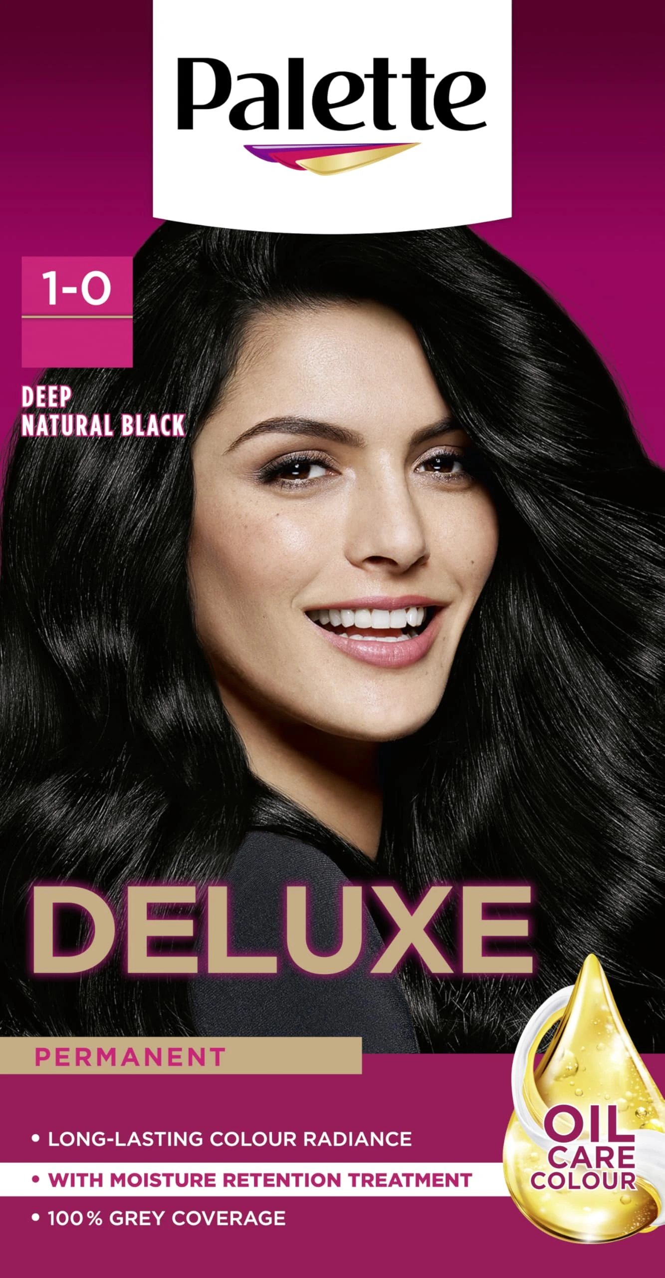 Palette Deluxe Creme Colouration 1-0 Deep Natural Black Hair Dye, Permanent Hair Dye, Long-Lasting Hair Colouring with Moisture Retention Treatment and 100% Grey Coverage