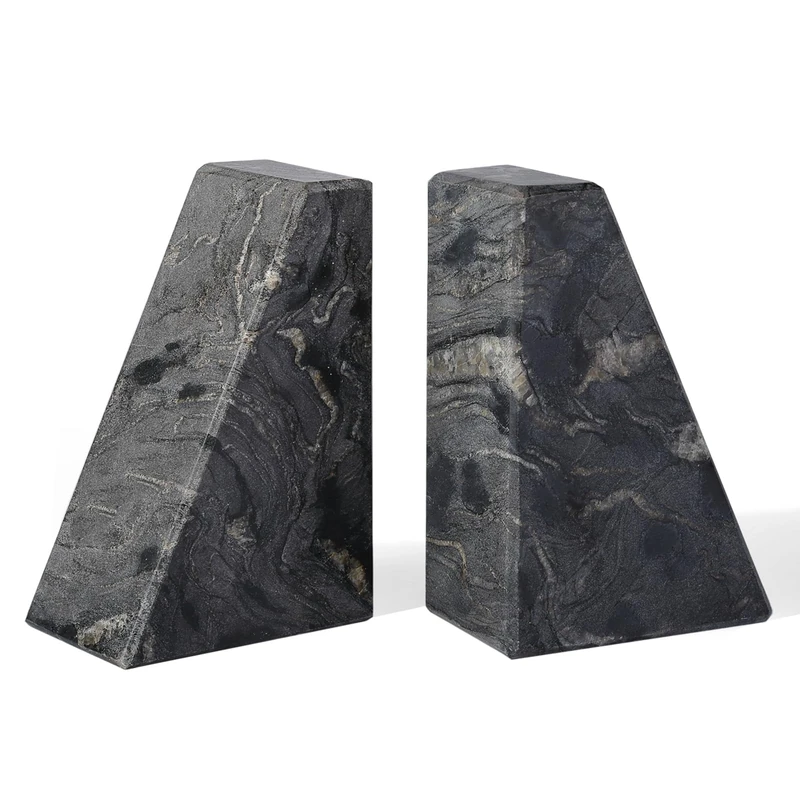 Karibiber Marble Bookends for Heavy Books, Decorative Book Ends for Shelves, Titanium Black Stone Durable and Heavy-Duty Book Ends for Hardback Books & CDS, Unique Book Stopper & Holder, Set of 2
