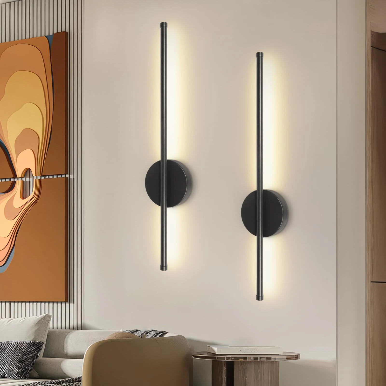 Dehobo Rechargeable Wall Sconce Lights, Battery Operated Wall Lights 3 Color Temperature, Wall Lamp Dimmable Wireless with Remote Control Black 60CM for Living Room Bedroom Hallway, 2 Pack