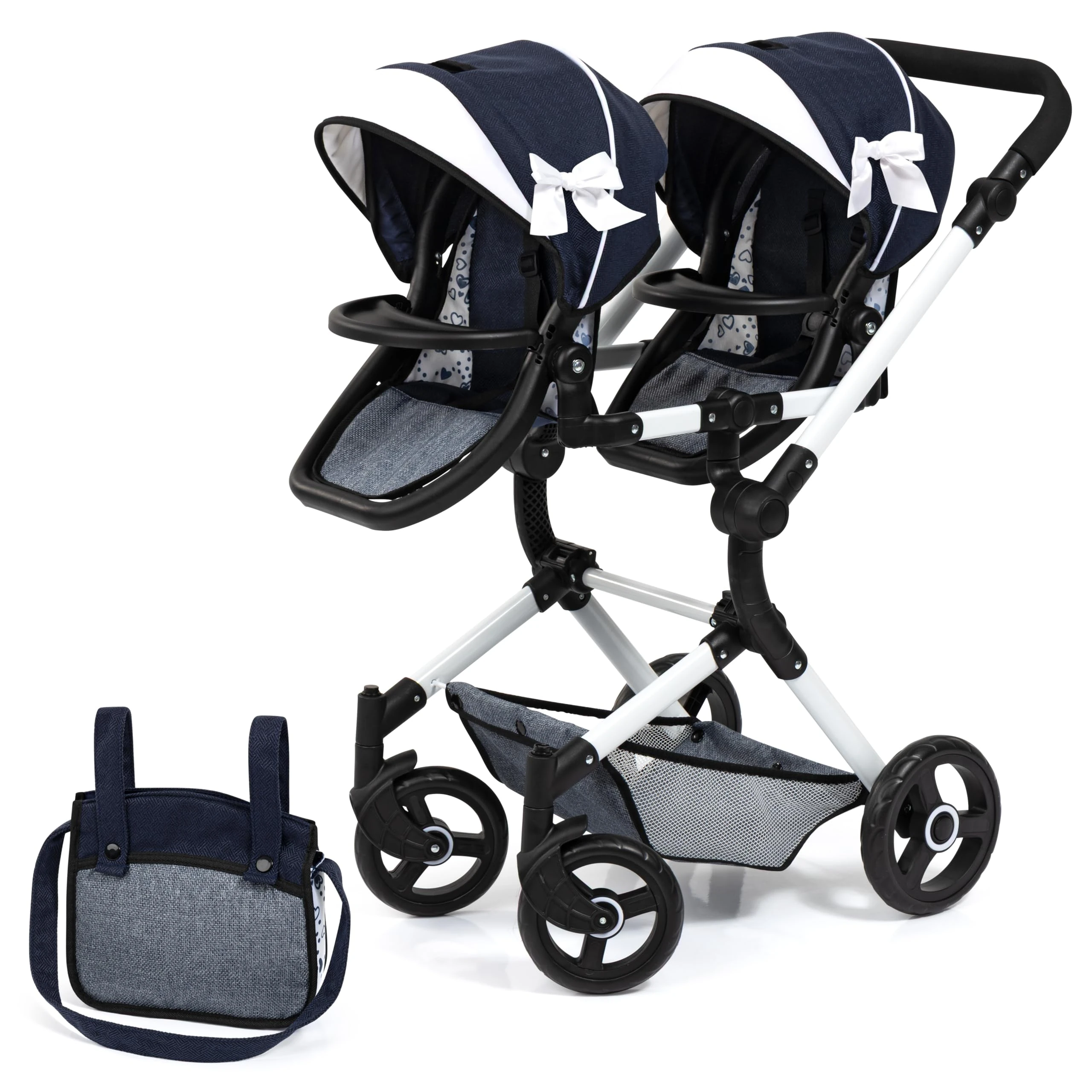 Bayer Design 26281AA dolls pram Twin Neo with bag, height-adjustable handle, reversible, foldable, integrated basket, Blue