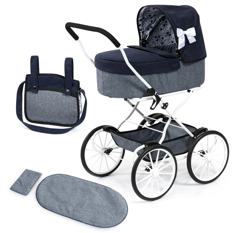 Bayer Design 14381AA Doll's pram nostalgic, doll stroller classic, with integrated basket, bag, Blue