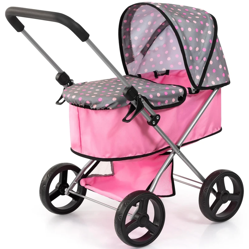 Bayer Go Baby Dolls Pram - Foldable Pushchair with Storage Basket, Carrycot Cover for Doll Up to 46cm - Dolls Pram for 3 Year Olds, Girls, Boys, Toddler Toy 3-6 Years - Polka Dot Grey, Pink Stroller