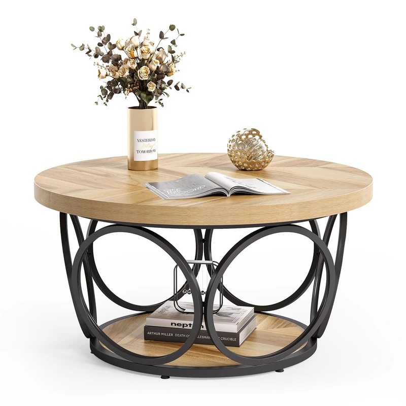 LITTLE TREE Coffee Table for Living Room, 31.5" Round Wood Center Table, Farmhouse Large Circle Coffee Tables with 2-Tier Storage, Modern Simple Brown Tea Table