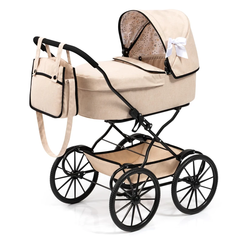 Bayer Design 14375AA Doll's pram nostalgic, doll stroller classic, with integrated basket, bag, Beige