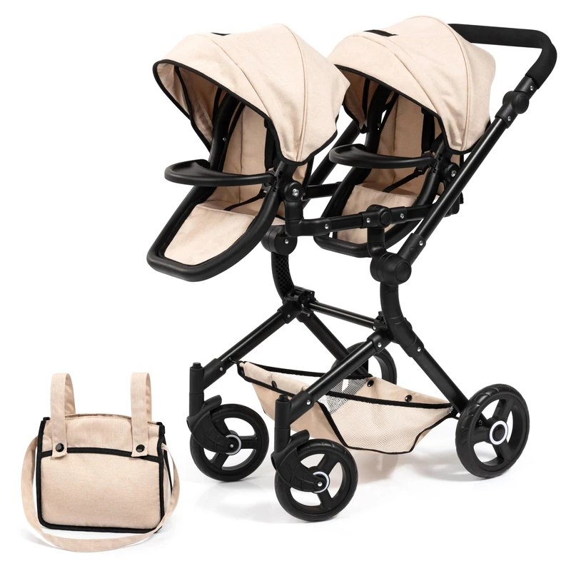Bayer Design 26275AA dolls pram Twin Neo with bag, height-adjustable handle, reversible, foldable, integrated basket, Beige
