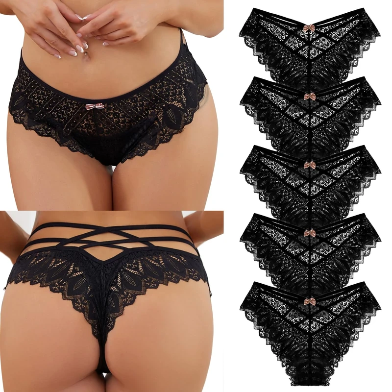 SHAINE 5pcs Women's Sexy Lace Briefs - Soft Bikini Panties