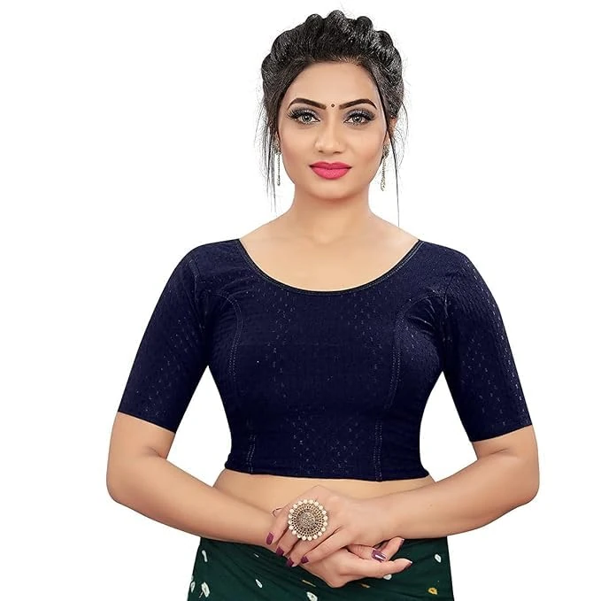 Accessorize Kingdom Round Neck Dobby Cotton Lycra Stretchable Elbow Sleeve Readymade Saree Blouse for Women Stylish (Free Size) (XL, Navy Blue, Free Size - 38-42)