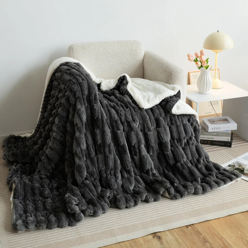 UKELER Sherpa Fleece Blanket 60 × 80 inch, Ultra Soft Twin Size Throw Blankets for All Season, 610 GSM Cozy Plush Striped Throw Blanket for Bed Couch Sofa Office Camping, Dark Grey