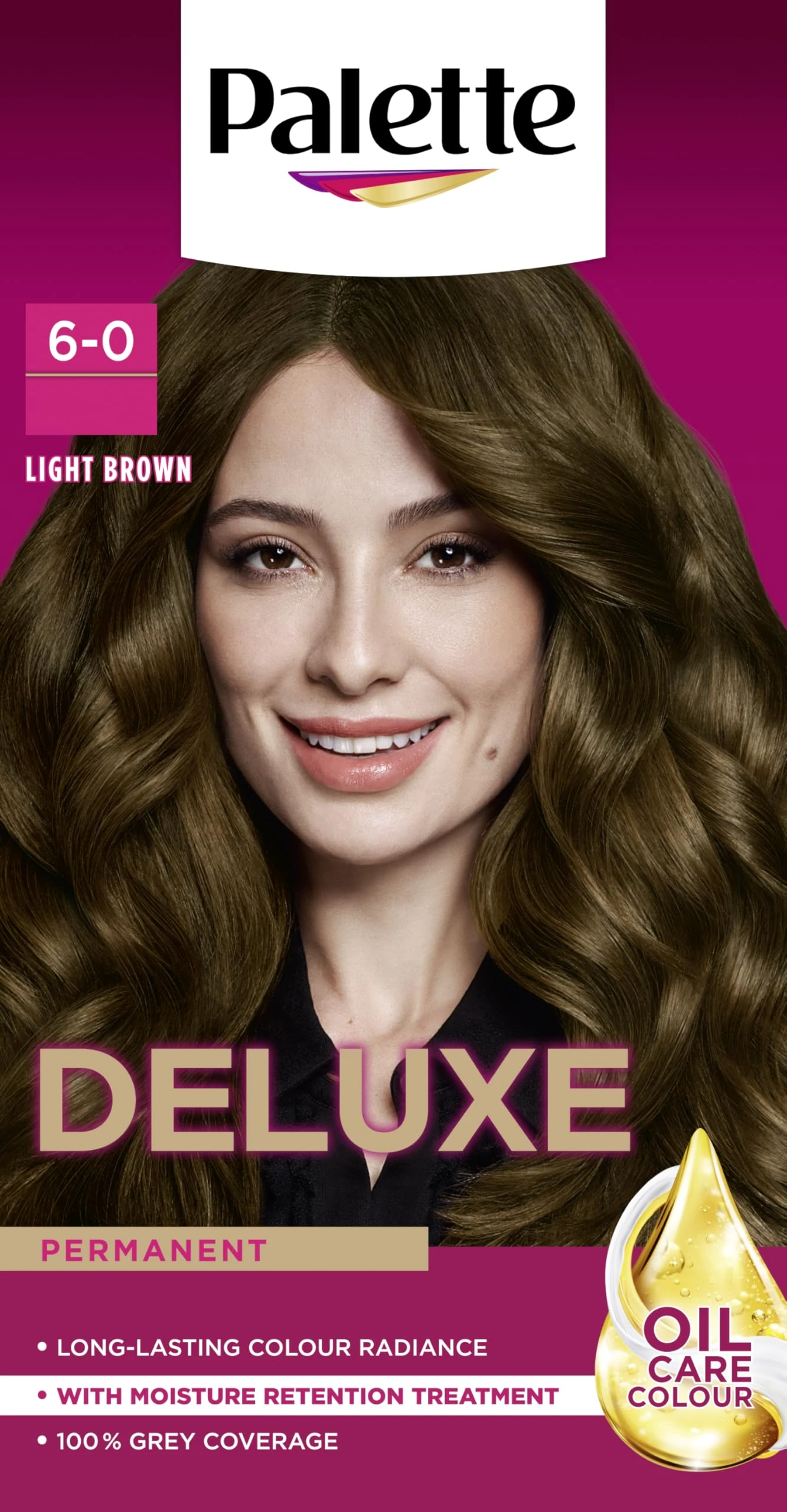 Palette Deluxe Creme Colouration 6-0 Light Brown Hair Dye, Permanent Hair Dye, Long-Lasting Hair Colouring with Moisture Retention Treatment and 100% Grey Coverage