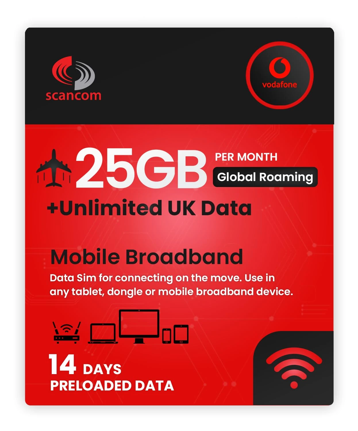 Vodafone Global Roaming Data Sim - 25GB Roaming Data in Europe & USA + Unlimited UK Data - Perfect for unlocked Phones and Wifi Routers - Activate when you receive the SIM (14 Days)