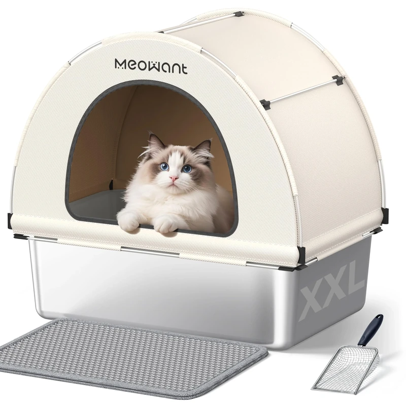 MeoWant Cat Litter Box Stainless Steel, Enclosed Litter Pan for Big Cat with Cloth Cover Canopy, Never Absorbs Odor, Non Stick Surface, XXL Extra Large Litter Tray, Detachable, Easy Clean, White