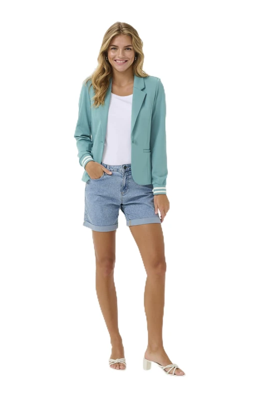 KAFFE Women's Blazer Single Breasted Notch Lapel Slim Fit Rib Knit Cuffs, Teal/Grey-Chalk Stripe, M