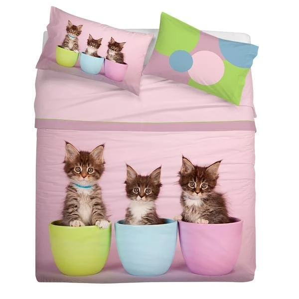 GABEL Cats Double Bedspread Set, Cotton, Pink, Queen-Size Bed