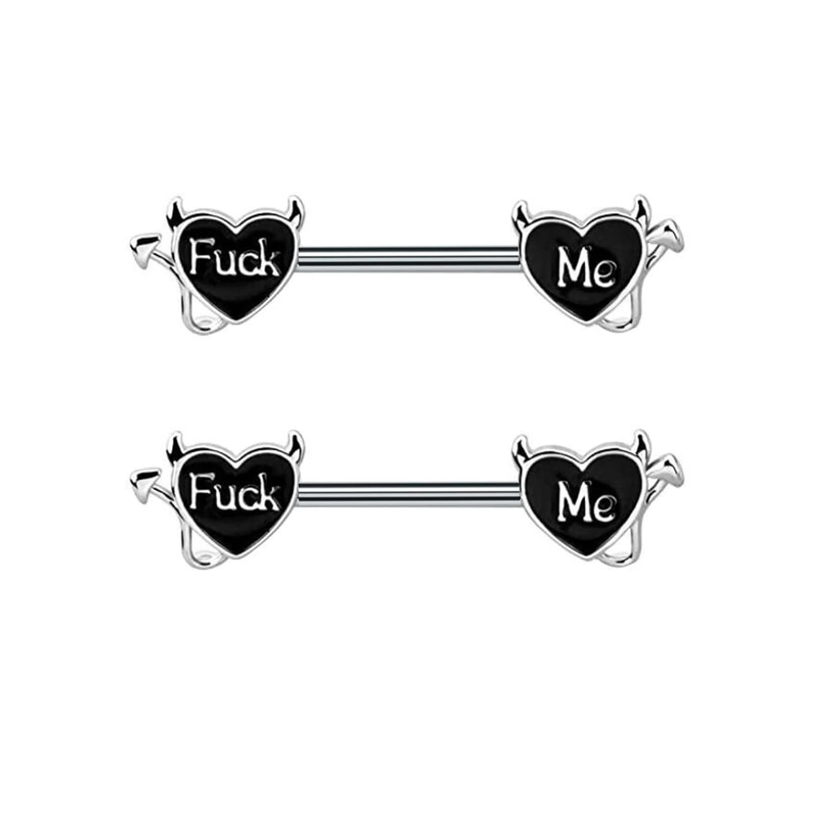 Ycfish 1 Pairs 14G Nipple Bars Heart Devil Letter Nipple Rings, Nipple Rings Stainless Steel Nipple Piercings, Adjustable Black Devil Barbell Heart-Shaped Nipple Piercing for Women and Girls