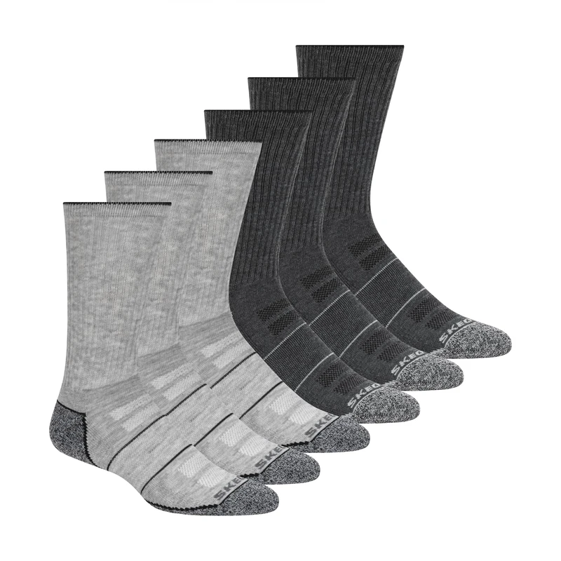 Skechers Men's 6 Pack Work Crew Socks, Grey Heather/Steel Grey, 43-47