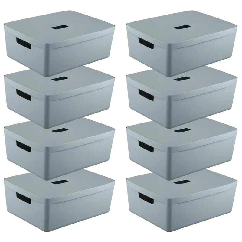 IDEA HOME Storage Boxes with Lids 8 Pieces - Plastic Storage Box - Storage Organiser - Really Useful Boxes for Storing Various Items in the Living Room, Bedroom or Bathroom 19L, Blue