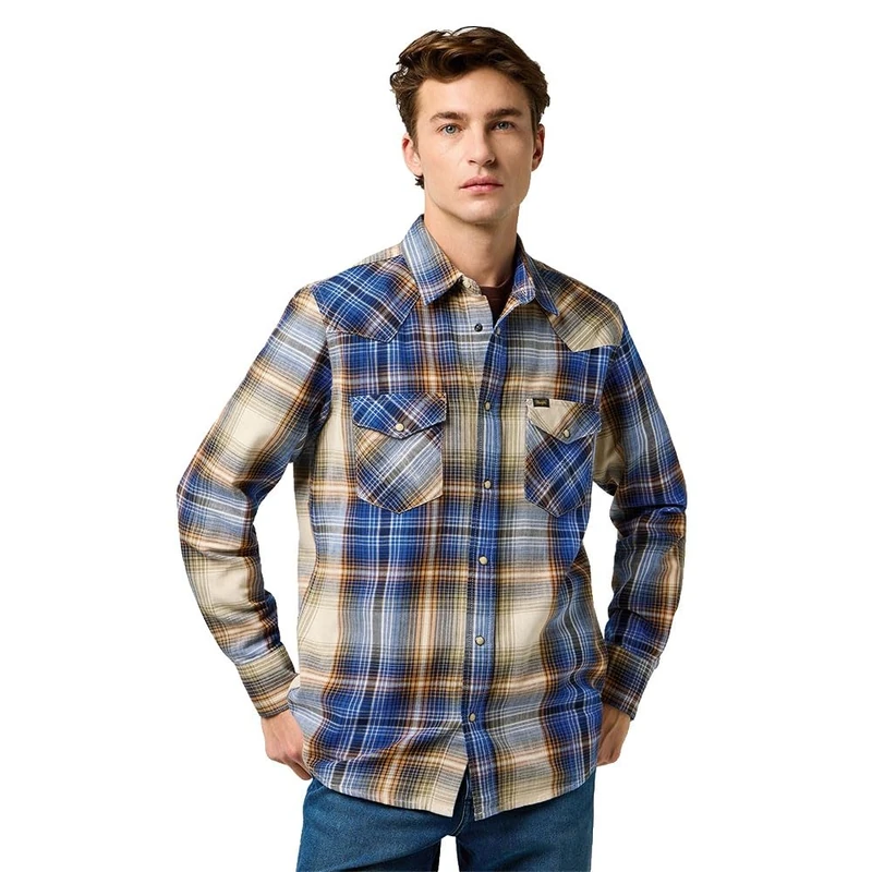 Wrangler Men's Western Indigo Shirt, Blue Brown, XXL