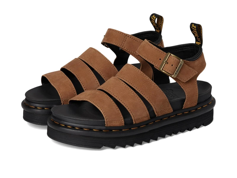 Dr. Martens Platform Sandals with Straps, Light Brown Leather, Black Thick Sole, Adjustable Buckle, Desert Brown, 5 UK