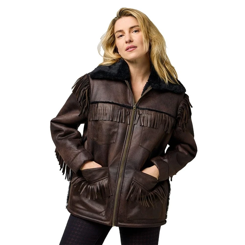 Wrangler Women's Fringe Wrange Jacket, Brown Leather, XXS