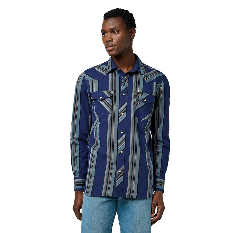 Wrangler Men's Western Indigo Shirt, Blue (Vintage Blue), S
