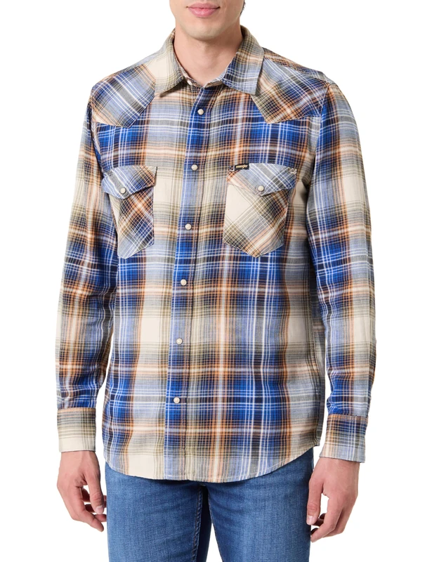 Wrangler Men's Western Indigo Shirt, Blue Brown, M