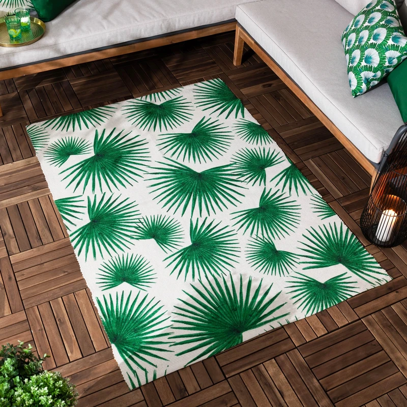 furn. Algave Rug – Indoor/Outdoor Art Deco Palm Leaf Flatweave Washable Weather Resistant Tropical Rug (Green - 120x170cm)
