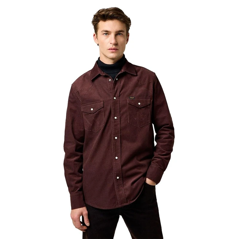 Wrangler Men's Western Cord Shirt, Mahogany, M