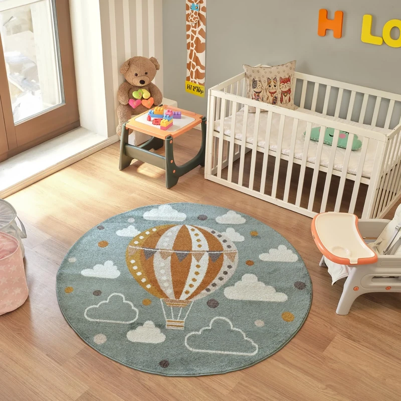 Livabliss Hot Air Balloon Kids Rug - Childrens Rugs for Bedroom 160 cm, Kids Carpet for Girls & Boys Bedroom, Playroom and Nursery Rugs, Baby Rug for Girl or Boy Room, Teal and Orange