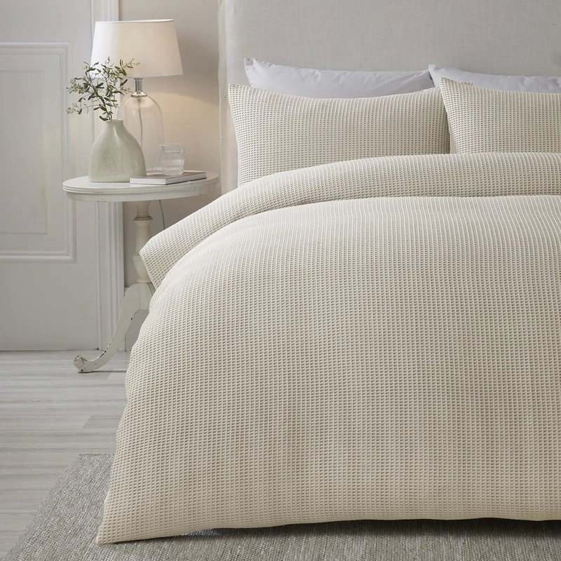 Lindly Serene - Natural Waffle Duvet Cover (260x220cm) - Soft Touch Grid Pattern - Square Puckered Design