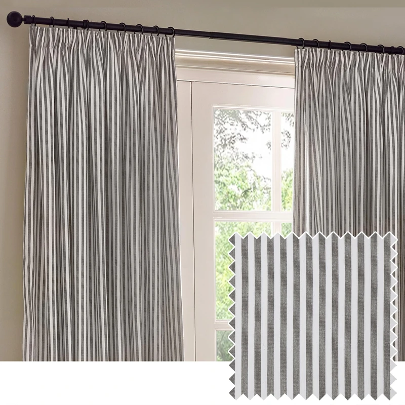 furn. Yard Hebden Pencil Pleat Curtain Pair – Ultra Soft Cotton Lined Striped Curtains (Grey - 229x137cm)
