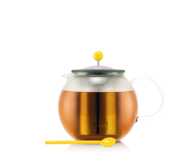 BODUM Assam MoMA Tea Press, 1L Glass Teapot with Reusable Stainless-Steel Infuser and Tea Spoon, Green, K1801-763-MOMA