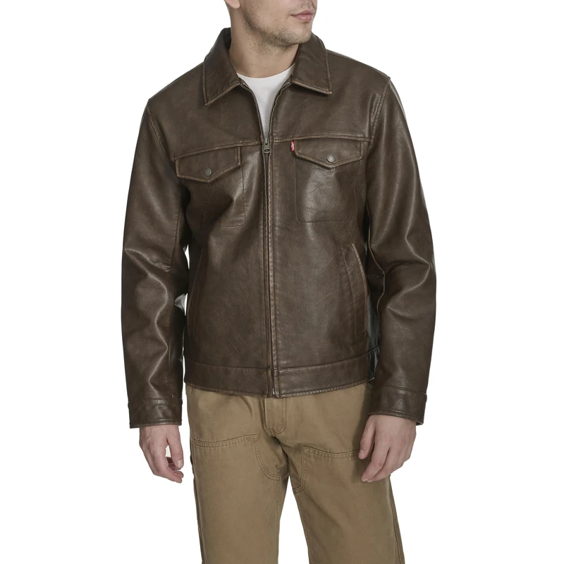 Levi's Men's Faux Leather Modern Trucker Jacket, Saddle, XL