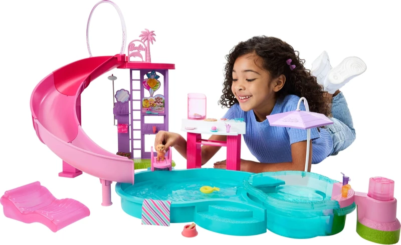 Barbie Dream Pool Playset with 6 Play Areas, Including Slide & Bubbling Hot Tub, Plus 20+ Accessories Like Pet, Floaties & More, JFP01