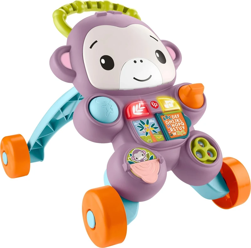 Fisher-Price Baby Push Toy Learn with Me Purple Monkey Walker Musical Learning Activity with Lights for Infants Ages 6+ Months, JLD58